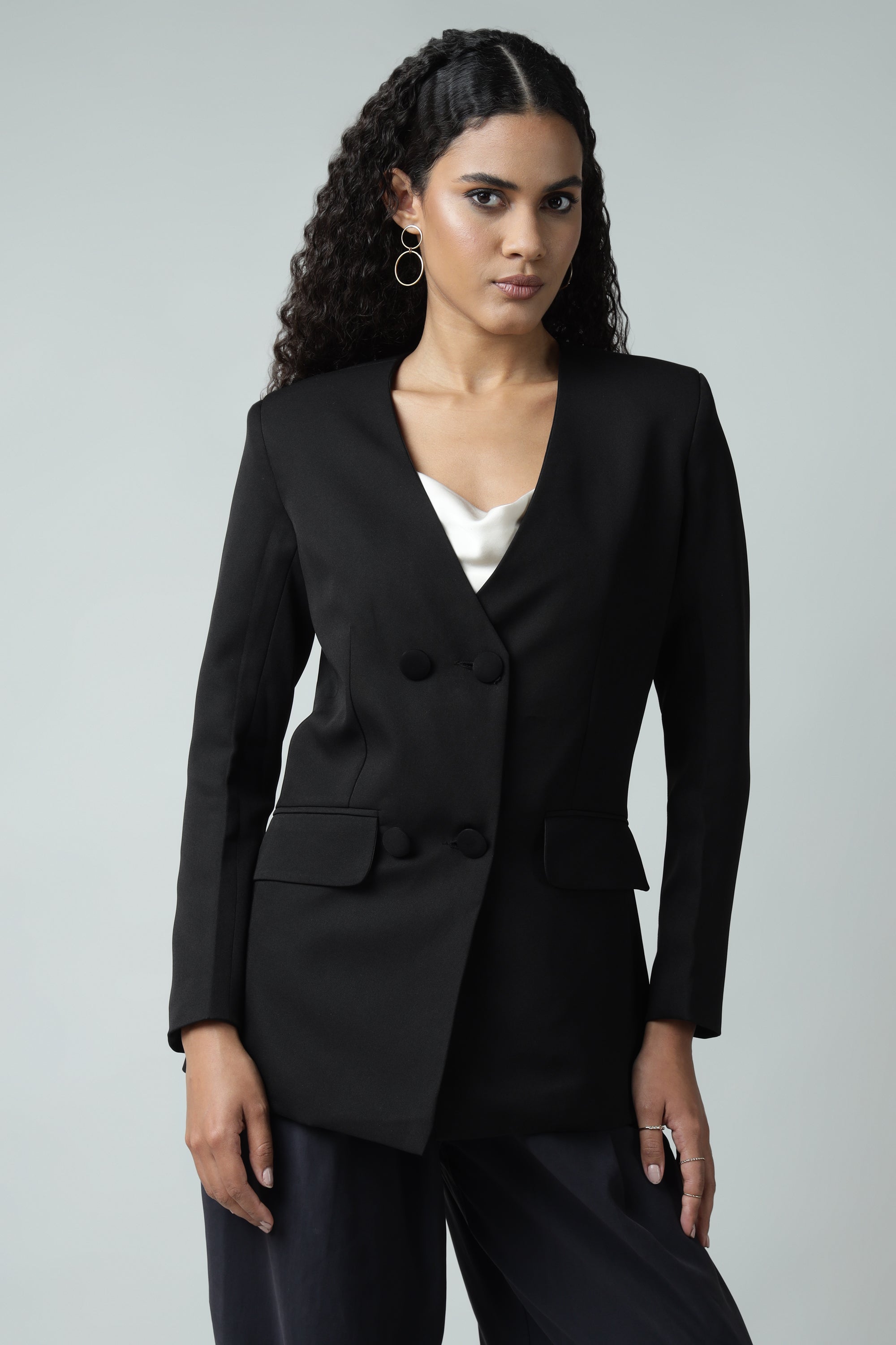 Double Breasted Black No Collar Blazer