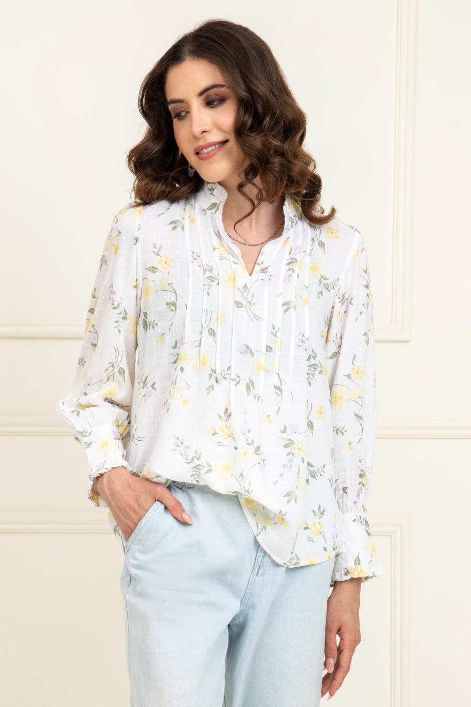 Feisty Floral Dobby Pin Tuck Detail Top