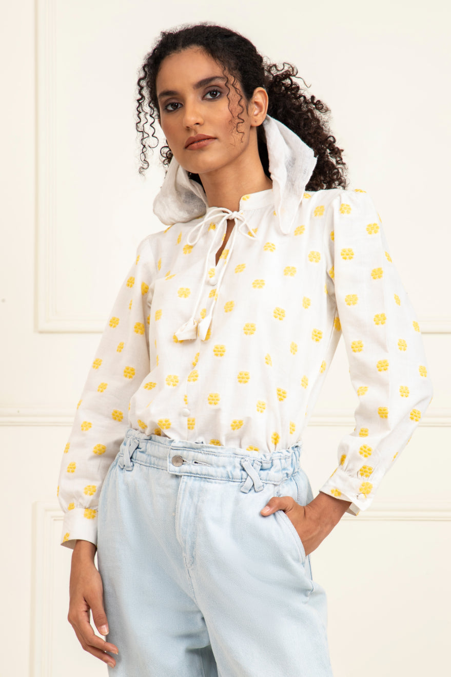 Yellow Floral Dobby Buttoned Blouse