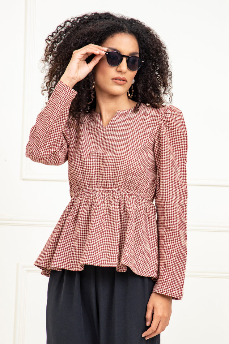 Red Beige Jacquard Peplum Top