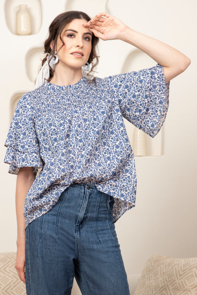 Smocked Yoke Frill Sleeve Top