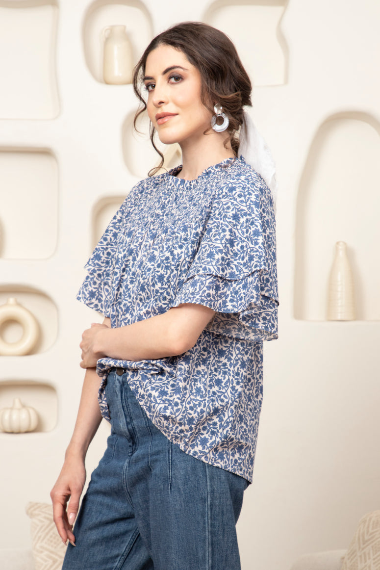 Smocked Yoke Frill Sleeve Top