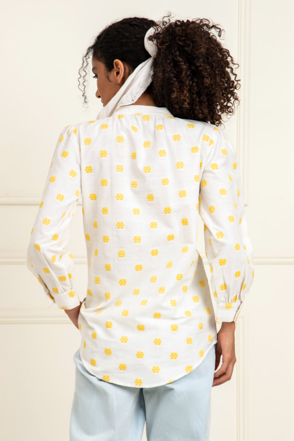 Yellow Floral Dobby Buttoned Blouse