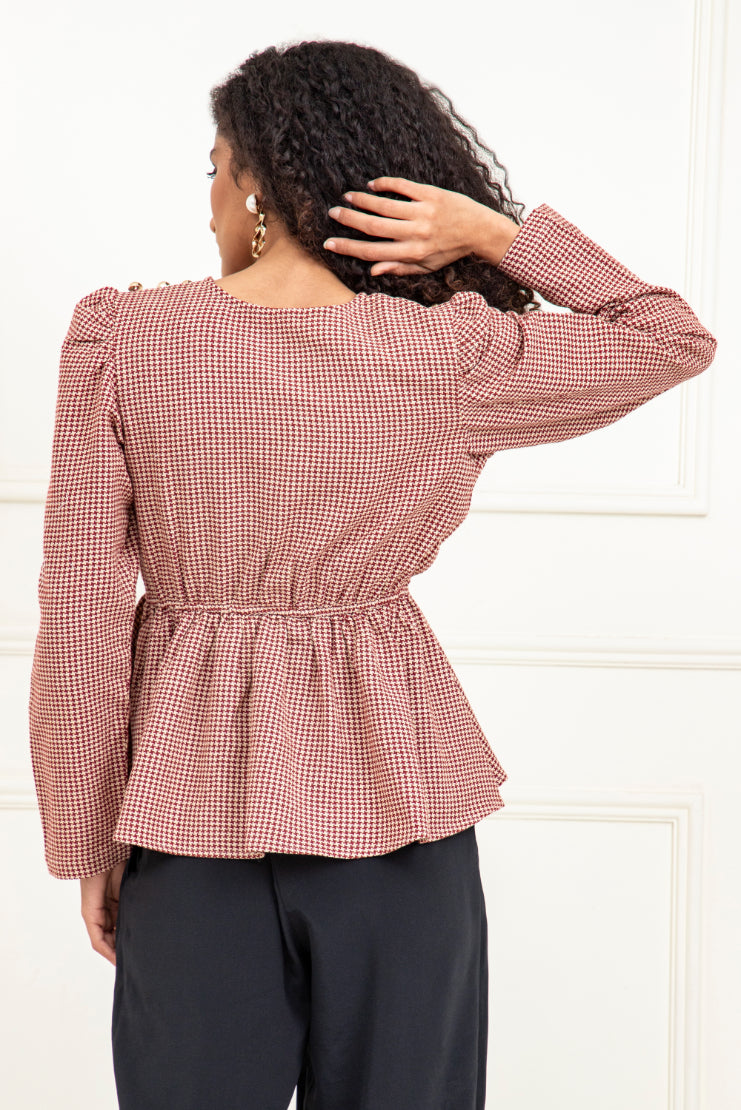 Red Beige Jacquard Peplum Top