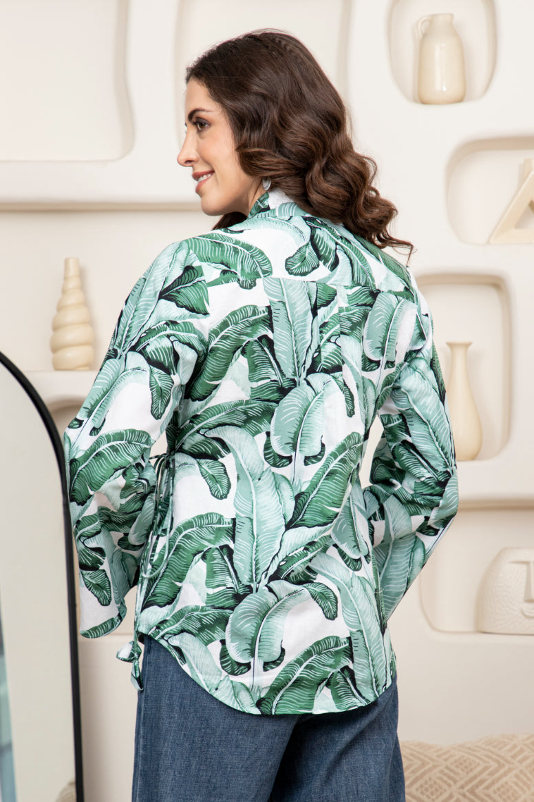 Tropical Print Flared Sleeve Top