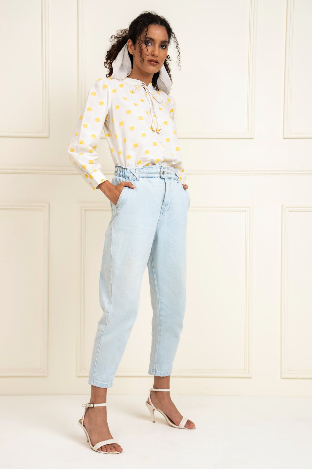 Yellow Floral Dobby Buttoned Blouse