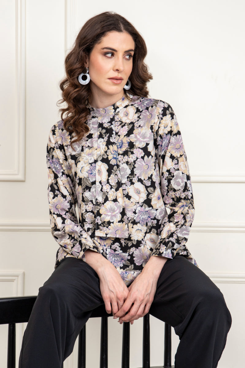 Floral Print Neck Tie Style Top