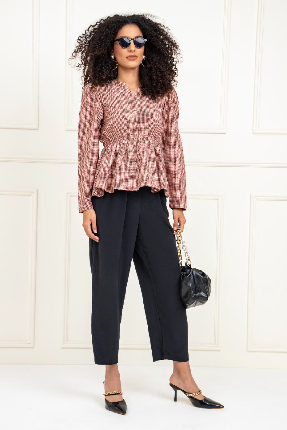 Red Beige Jacquard Peplum Top