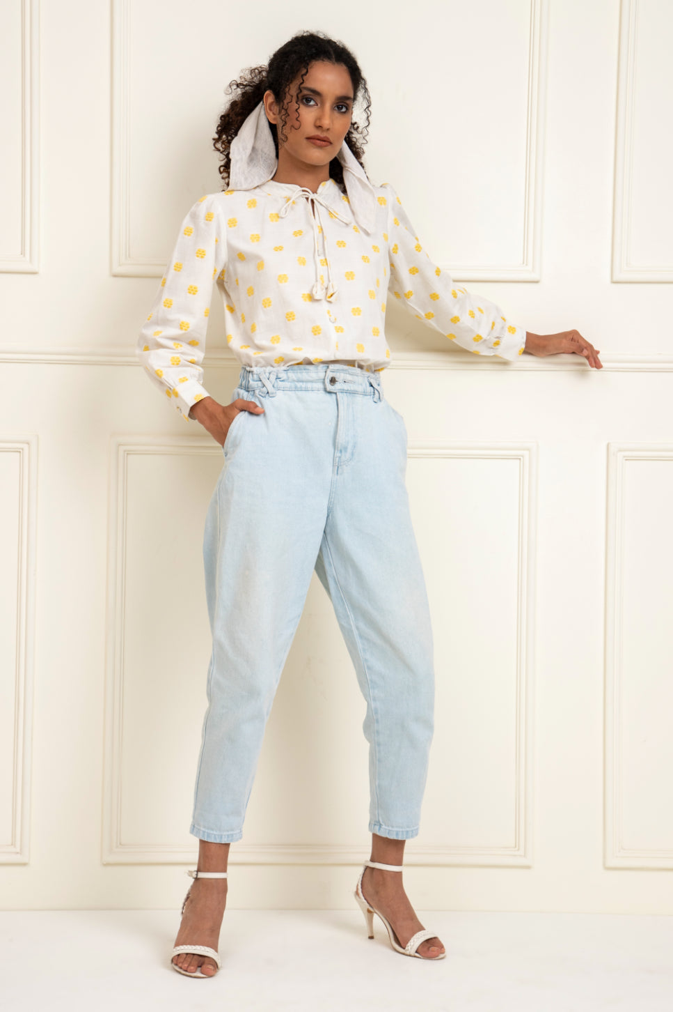 Yellow Floral Dobby Buttoned Blouse