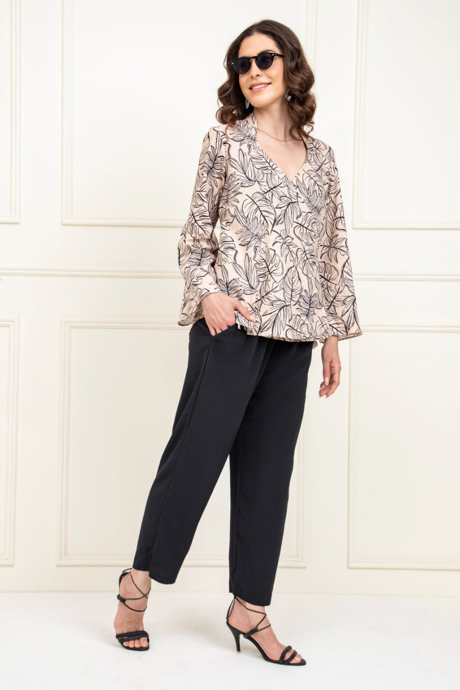 Leafy Beige Flared Sleeve Top