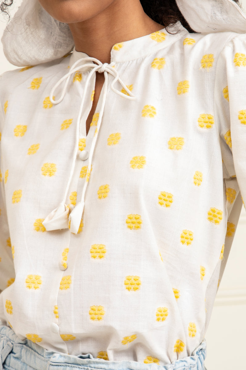 Yellow Floral Dobby Buttoned Blouse