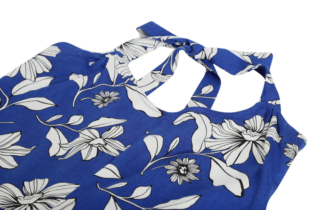 One Shoulder Tieup Blue Floral Dress