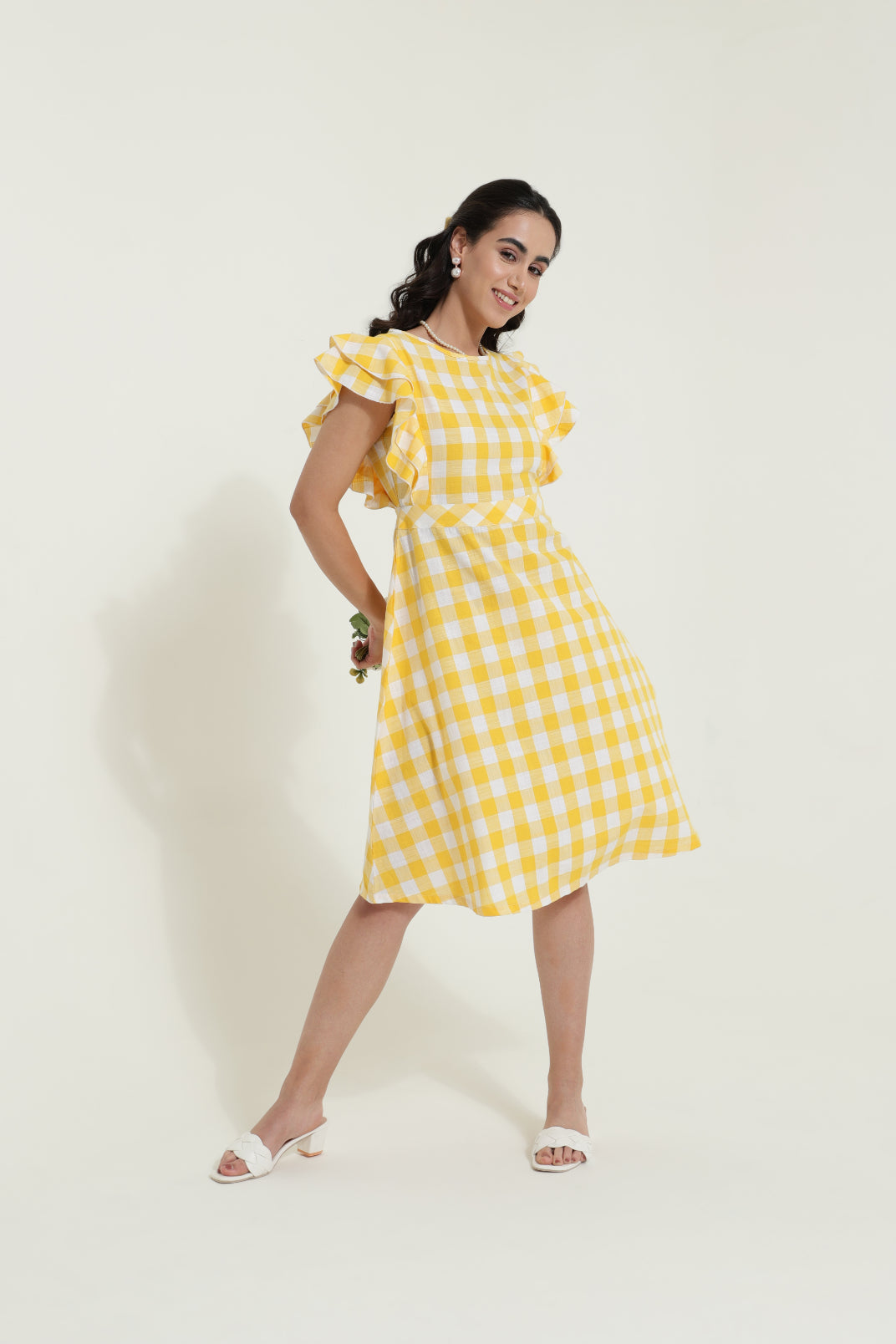 Double Frill Yellow Check Retro Dress