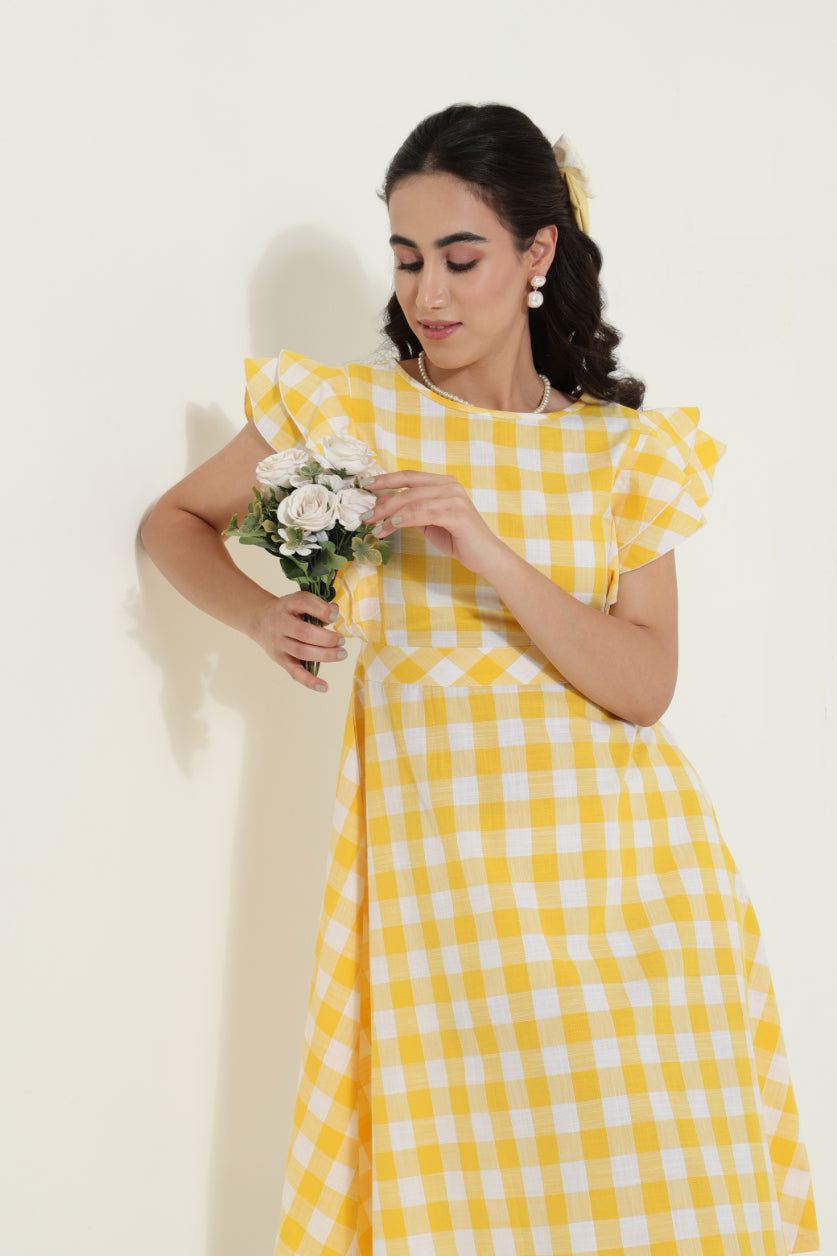 Double Frill Yellow Check Retro Dress