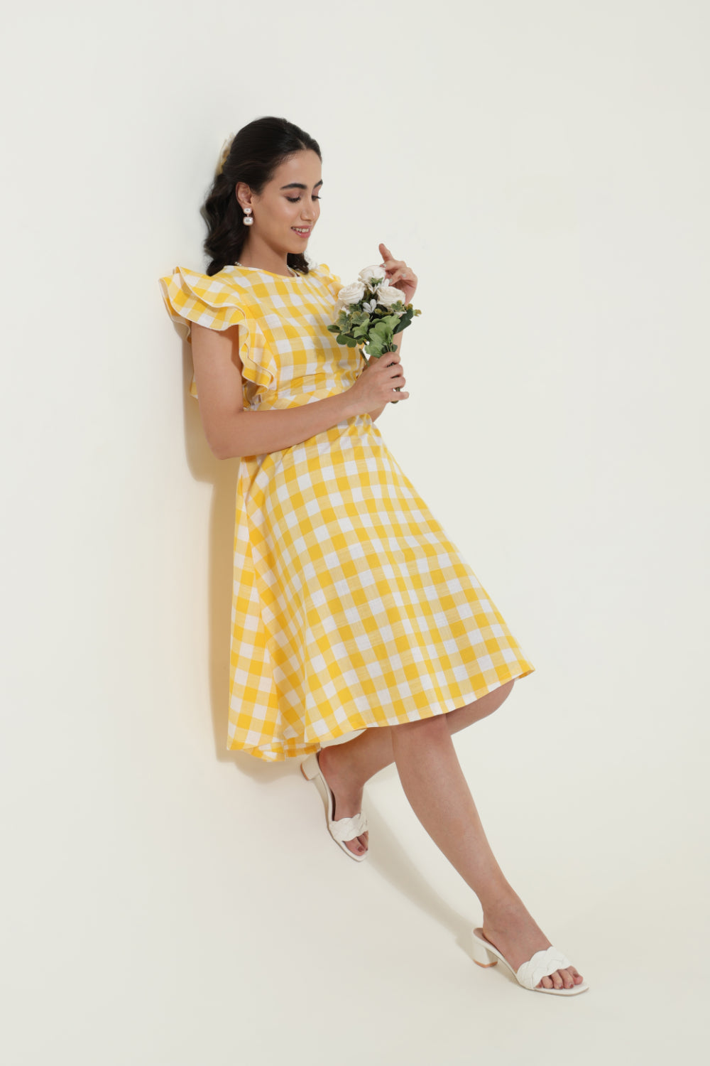 Double Frill Yellow Check Retro Dress