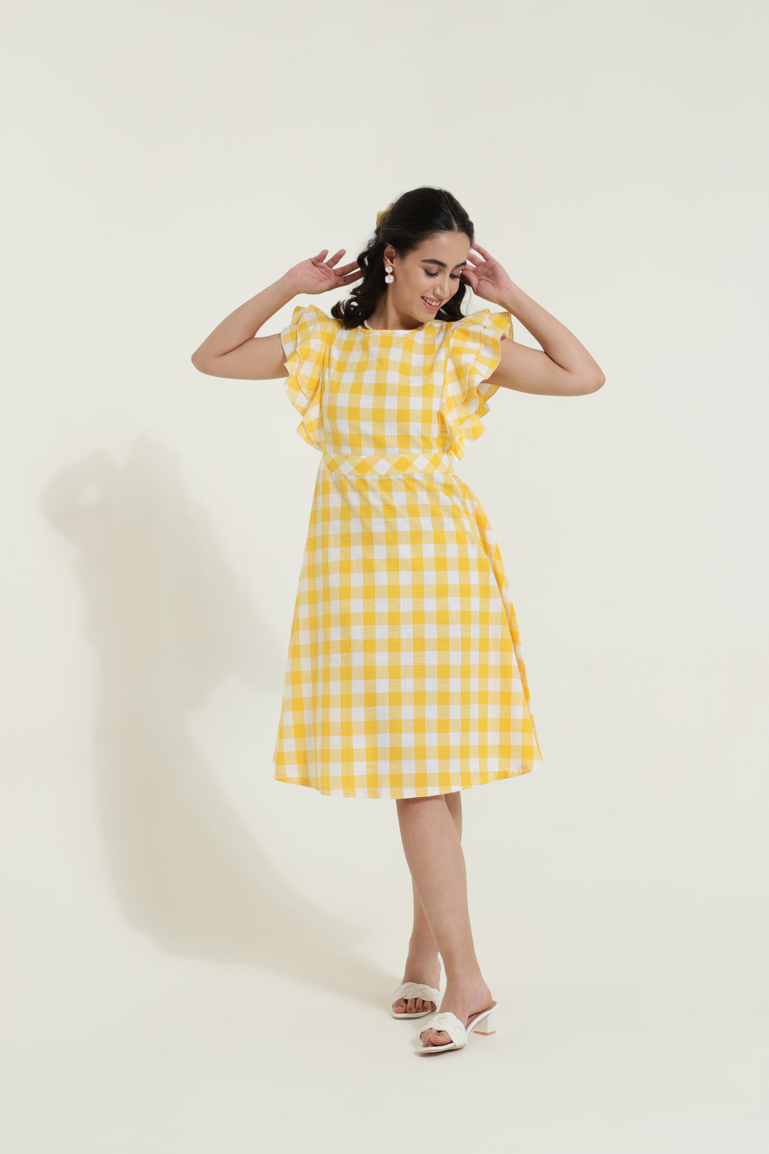 Double Frill Yellow Check Retro Dress