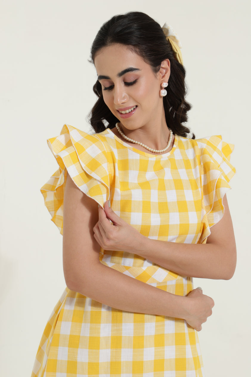 Double Frill Yellow Check Retro Dress