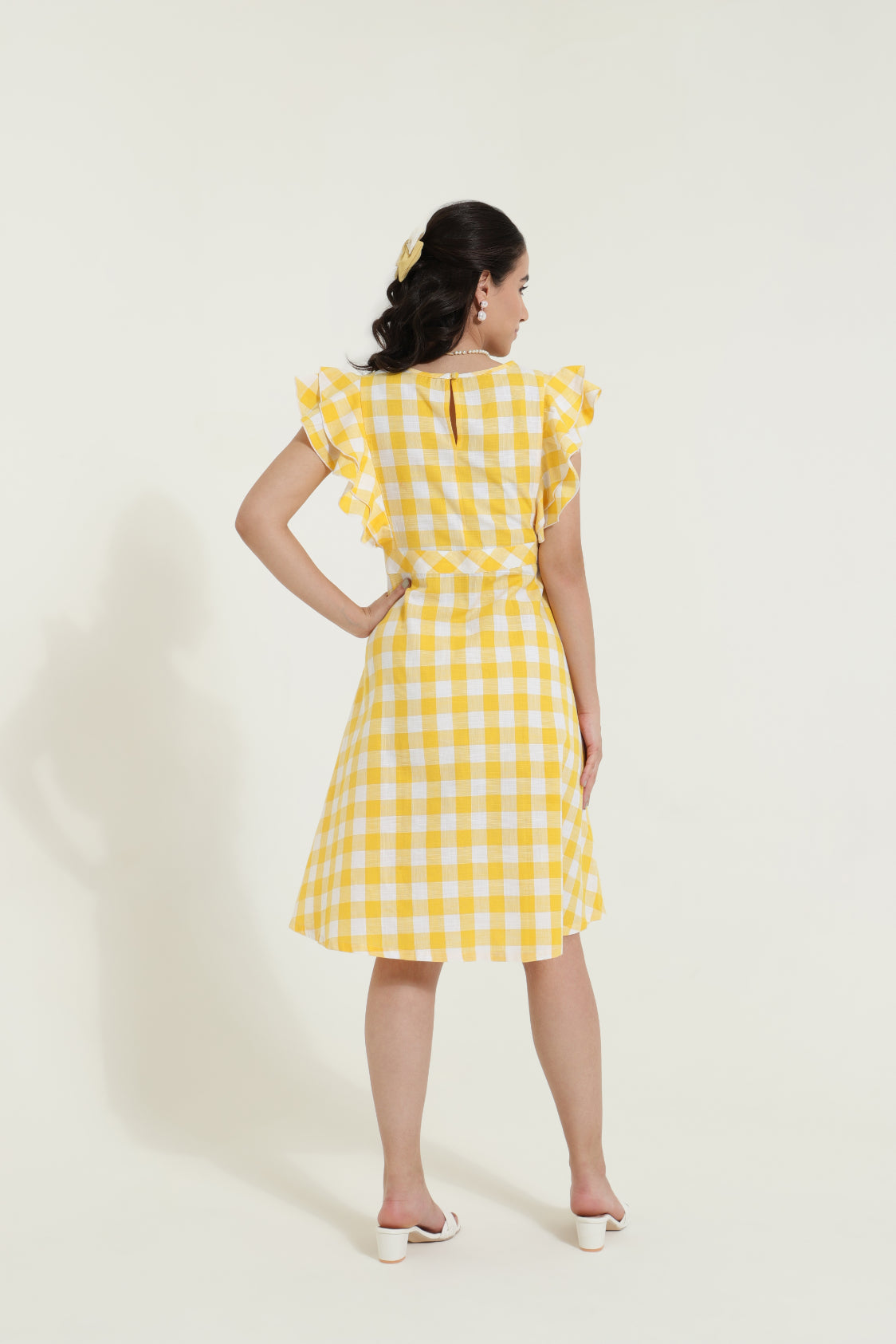 Double Frill Yellow Check Retro Dress