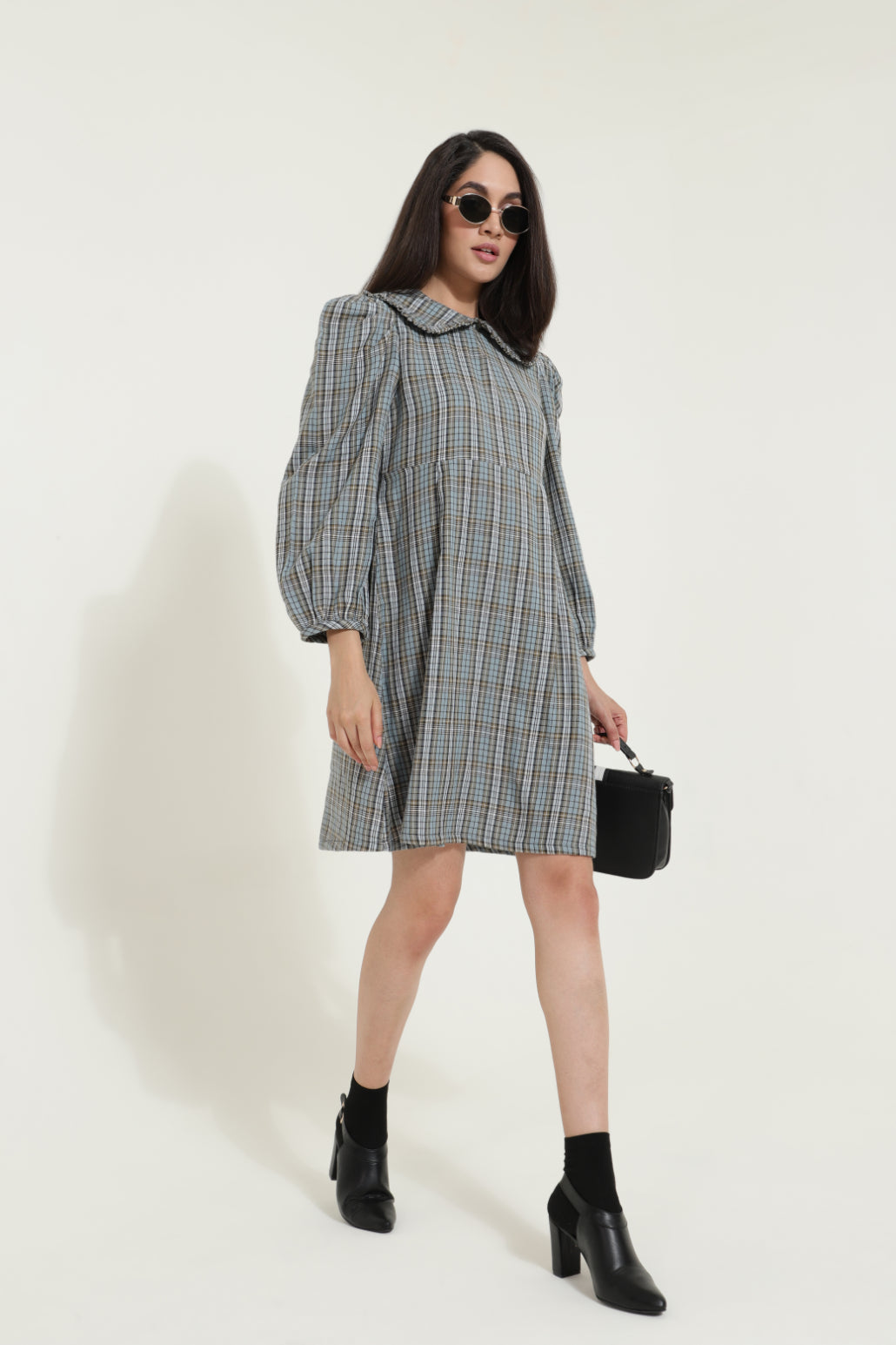 Peterpan Collar Blue Check Retro Dress