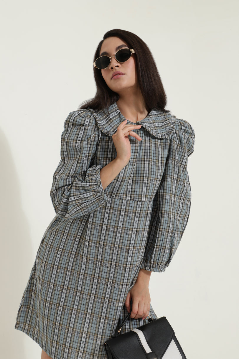 Peterpan Collar Blue Check Retro Dress