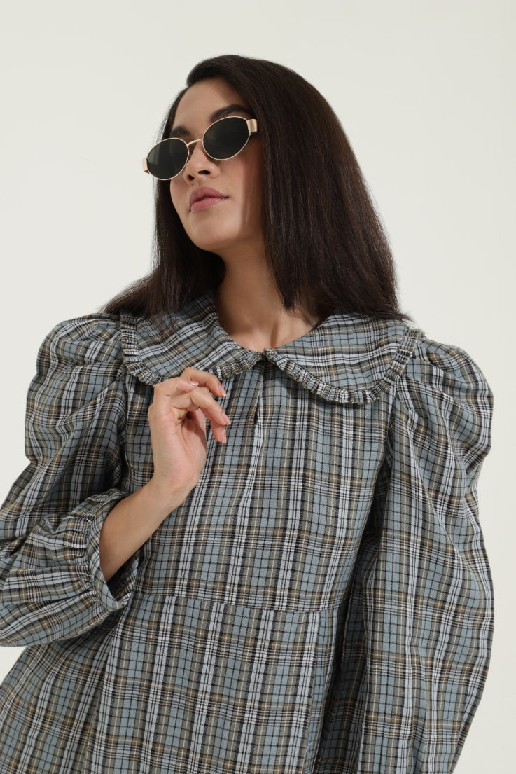 Peterpan Collar Blue Check Retro Dress