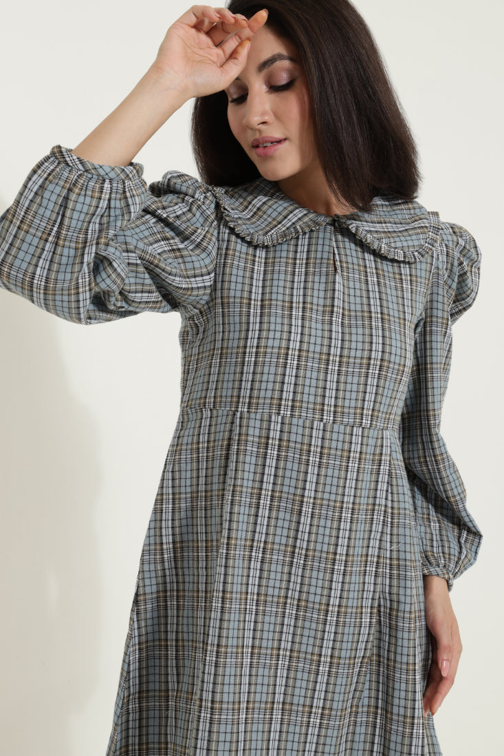 Peterpan Collar Blue Check Retro Dress