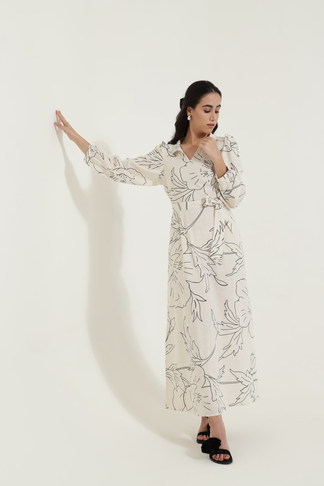 Shirt Collar Tieup Floral Maxi Dress