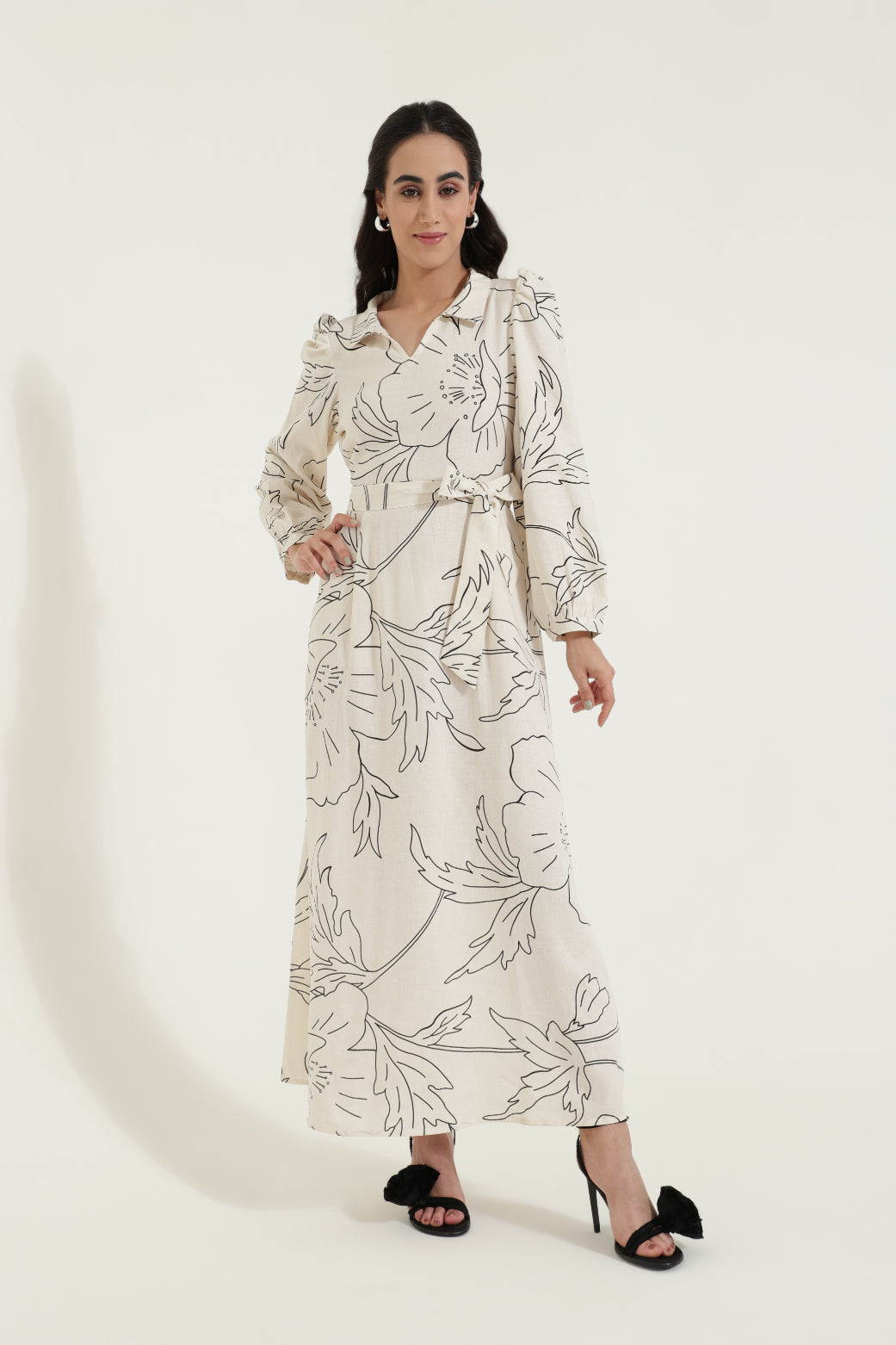 Shirt Collar Tieup Floral Maxi Dress