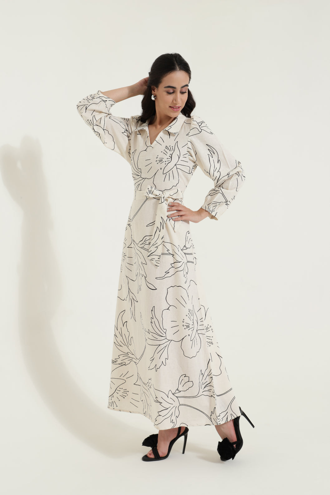 Shirt Collar Tieup Floral Maxi Dress