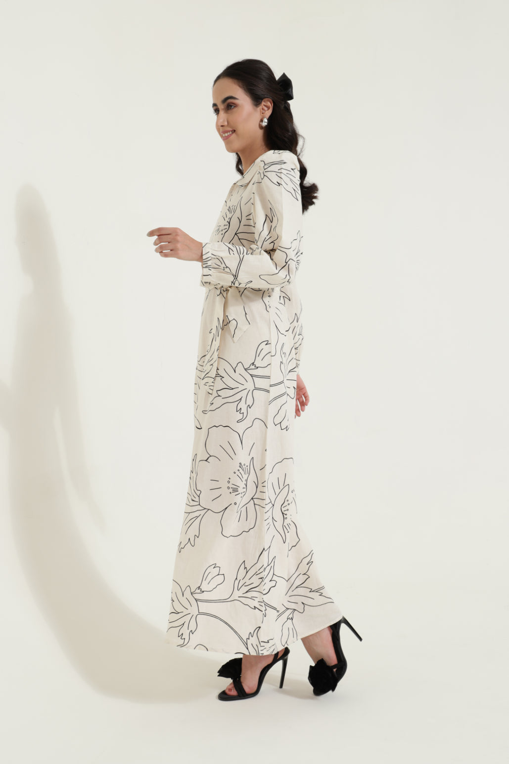 Shirt Collar Tieup Floral Maxi Dress