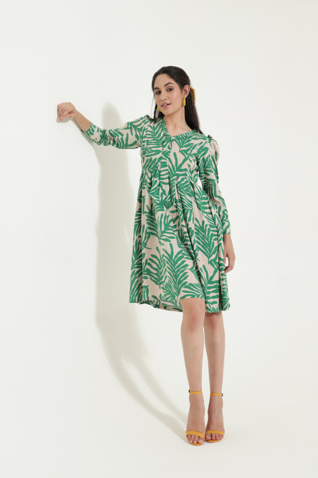 Neck Tieup Tropical Print Flared Dress