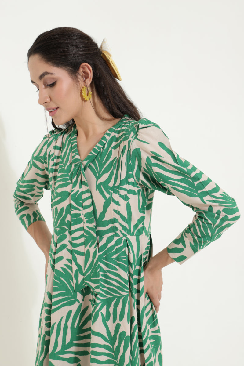 Neck Tieup Tropical Print Flared Dress