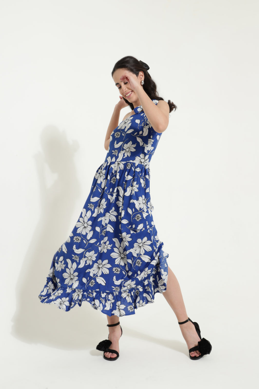 One Shoulder Tieup Blue Floral Dress