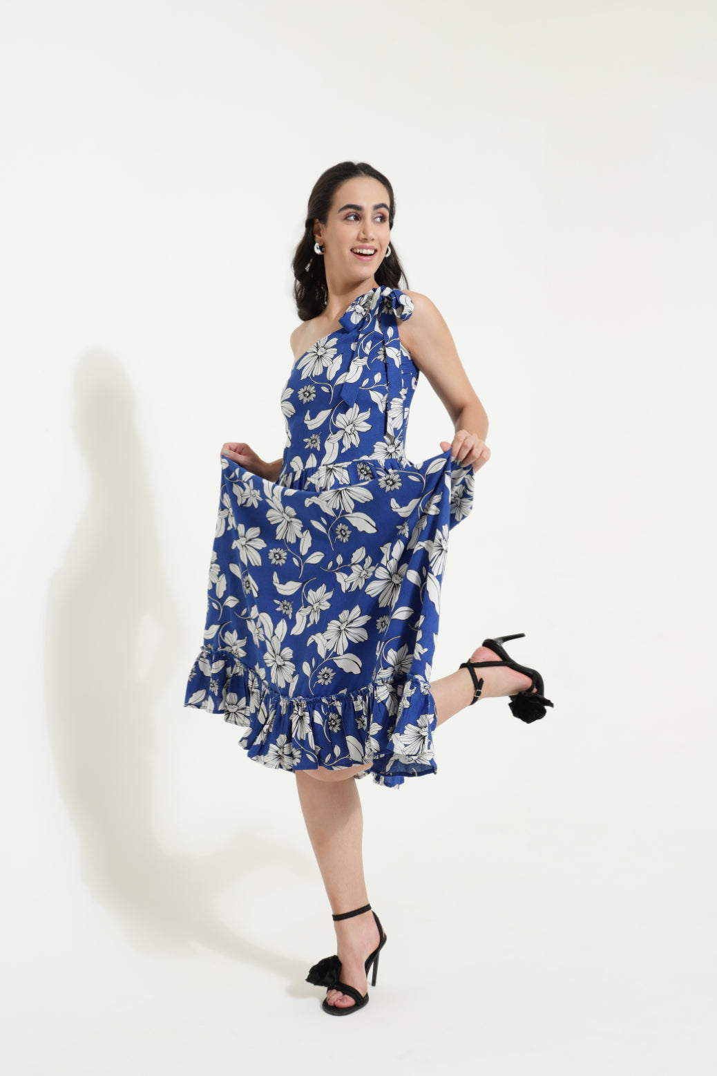 One Shoulder Tieup Blue Floral Dress