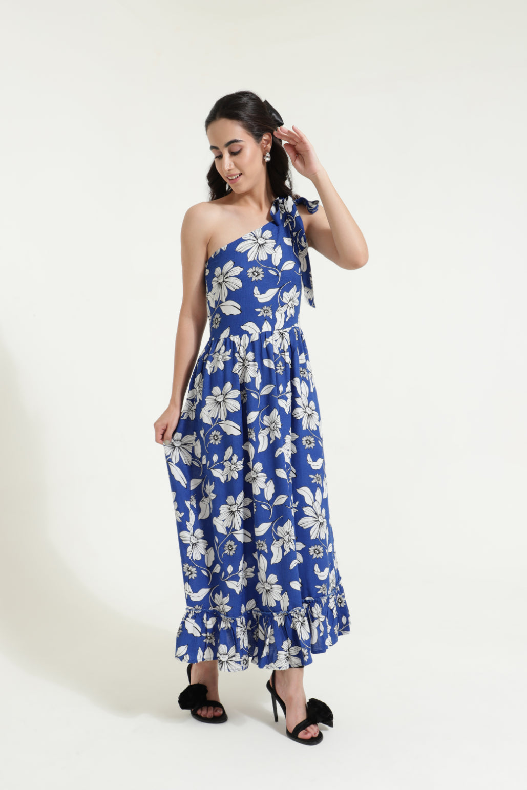 One Shoulder Tieup Blue Floral Dress