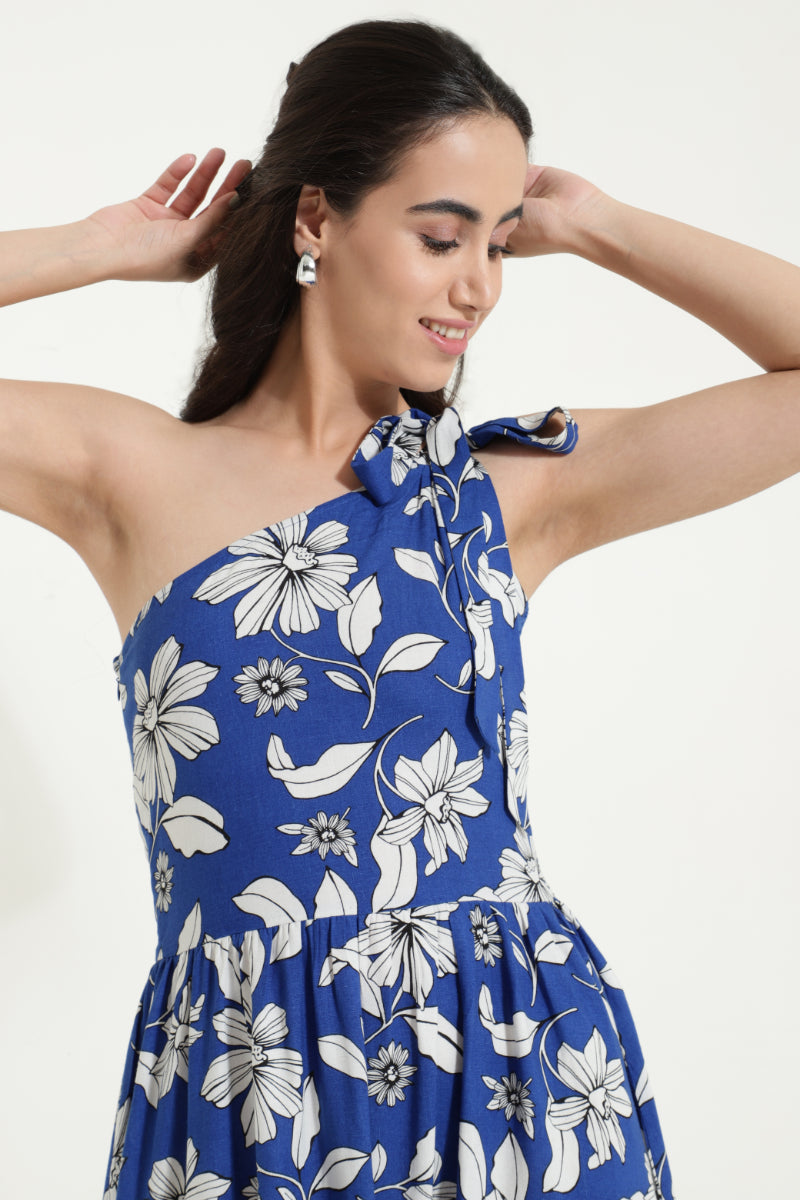 One Shoulder Tieup Blue Floral Dress