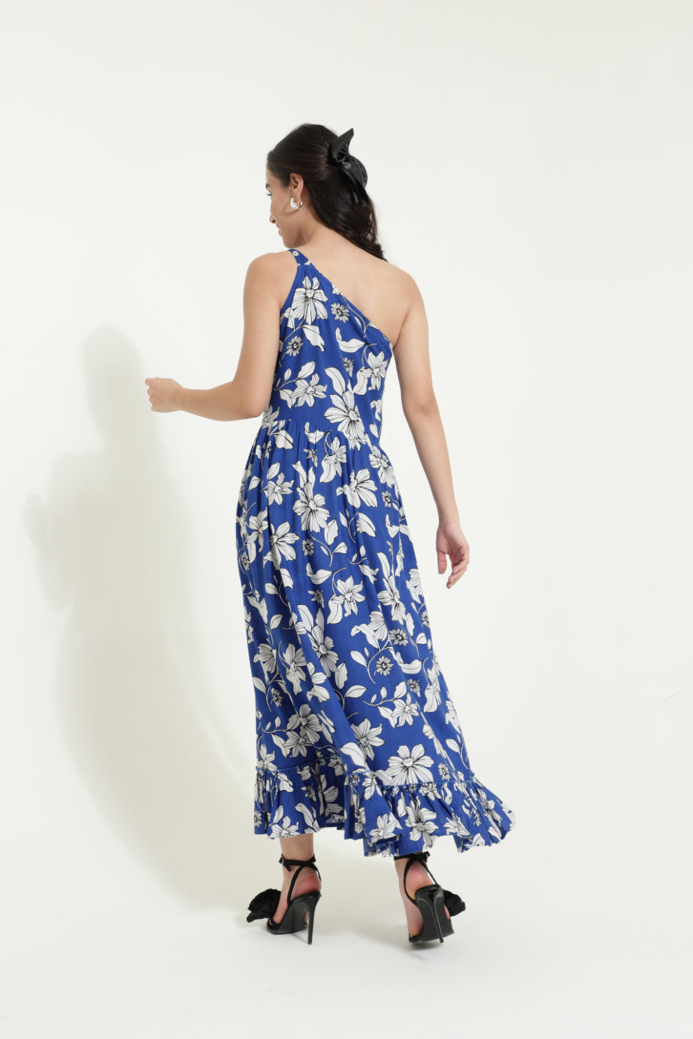 One Shoulder Tieup Blue Floral Dress