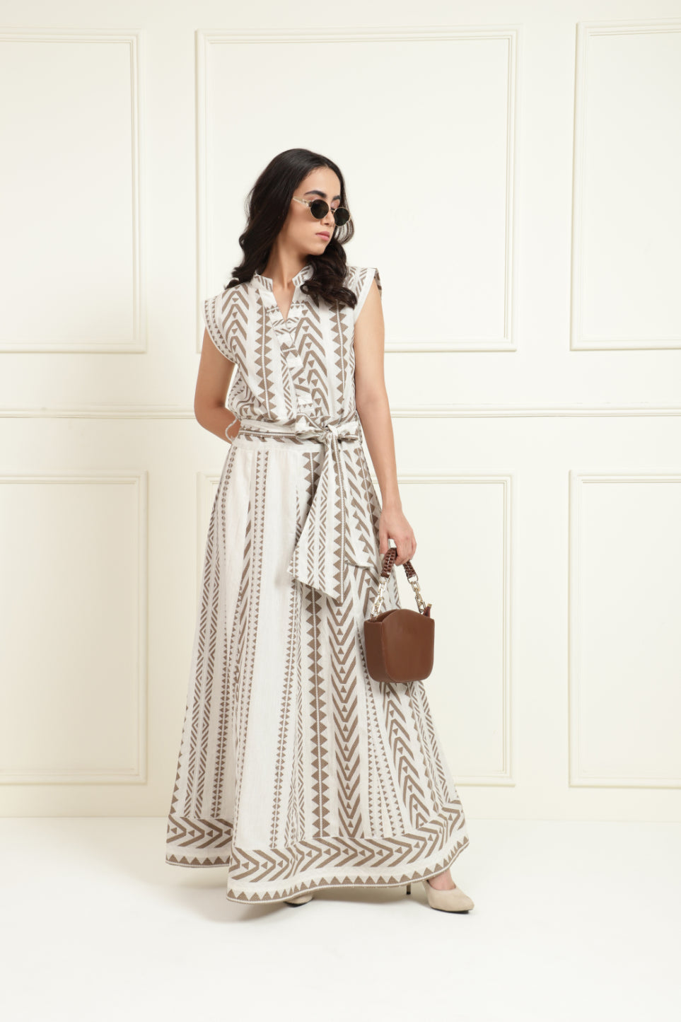 Tribal Jacquard Band Collar Long Dress