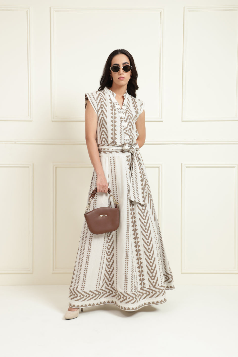 Tribal Jacquard Band Collar Long Dress