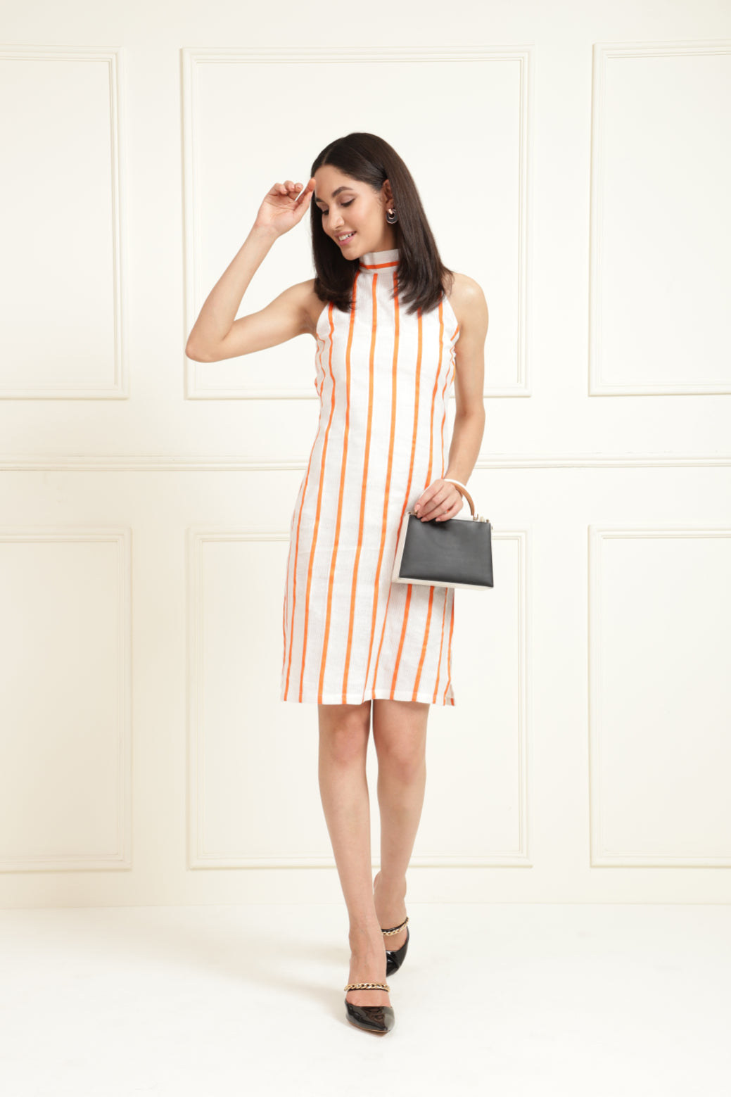 Orange White High Neck Sleeveless Dress