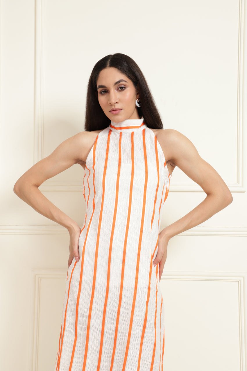 Orange White High Neck Sleeveless Dress