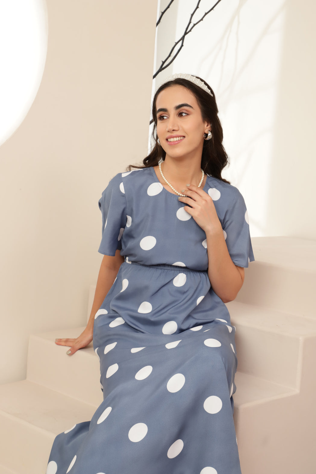 Polka Flared Sleece Maxi Dress