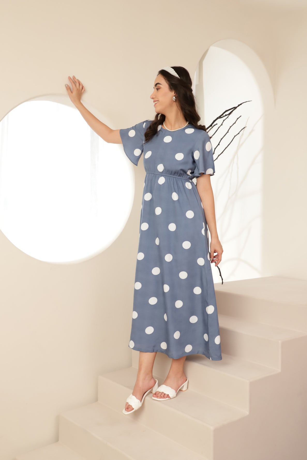 Polka Flared Sleece Maxi Dress