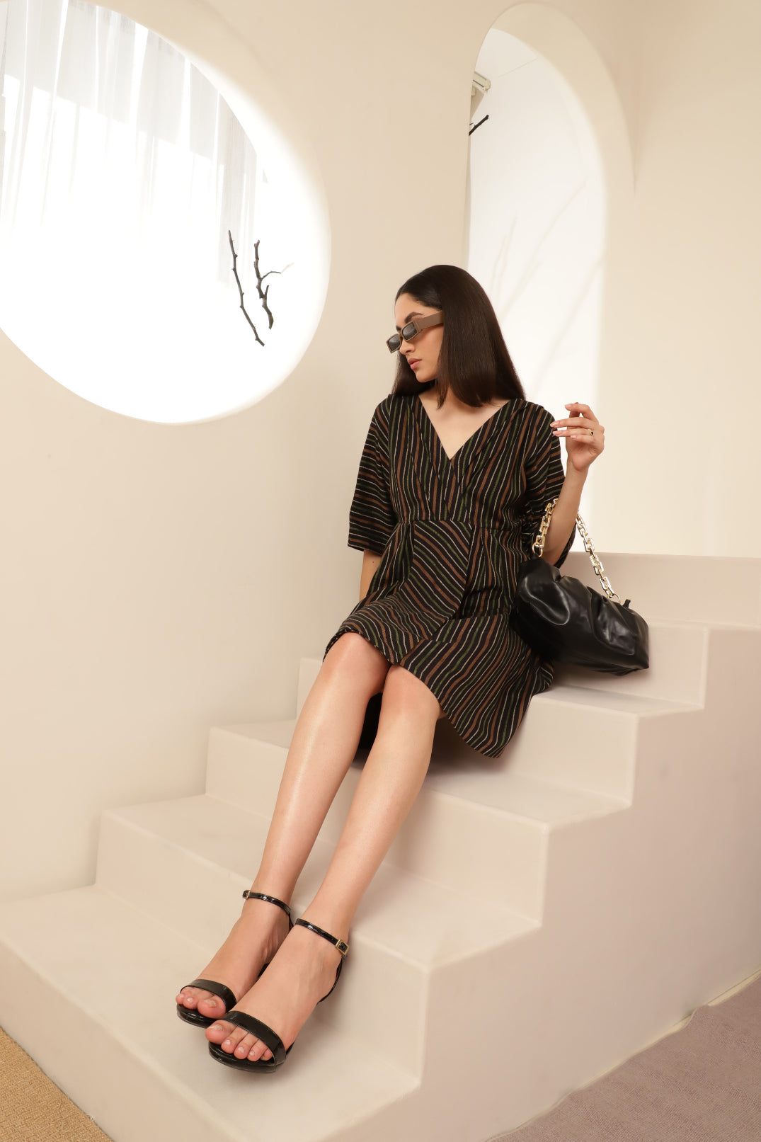 Bat Sleeve Overlap Look Black Striped Dress