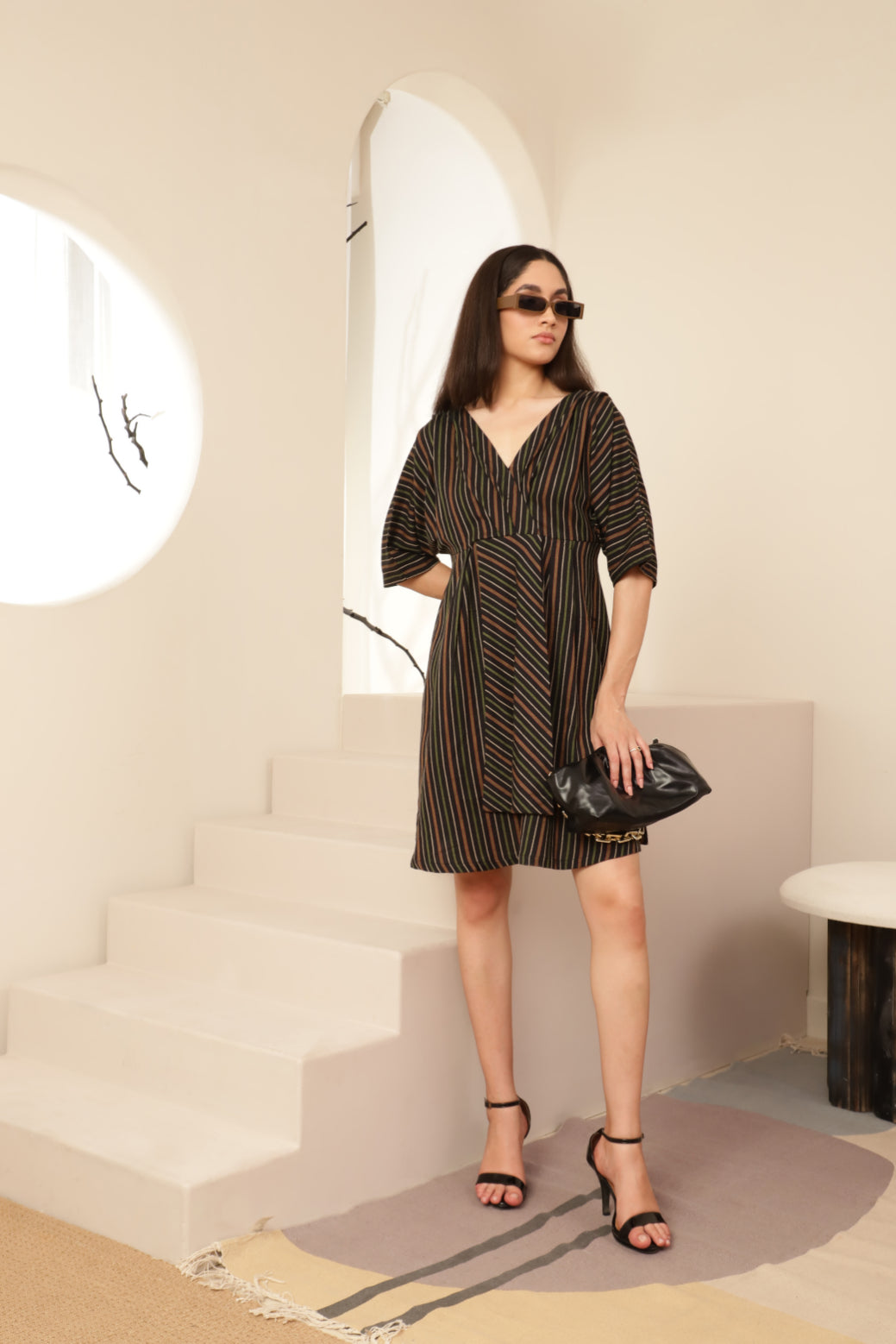 Bat Sleeve Overlap Look Black Striped Dress