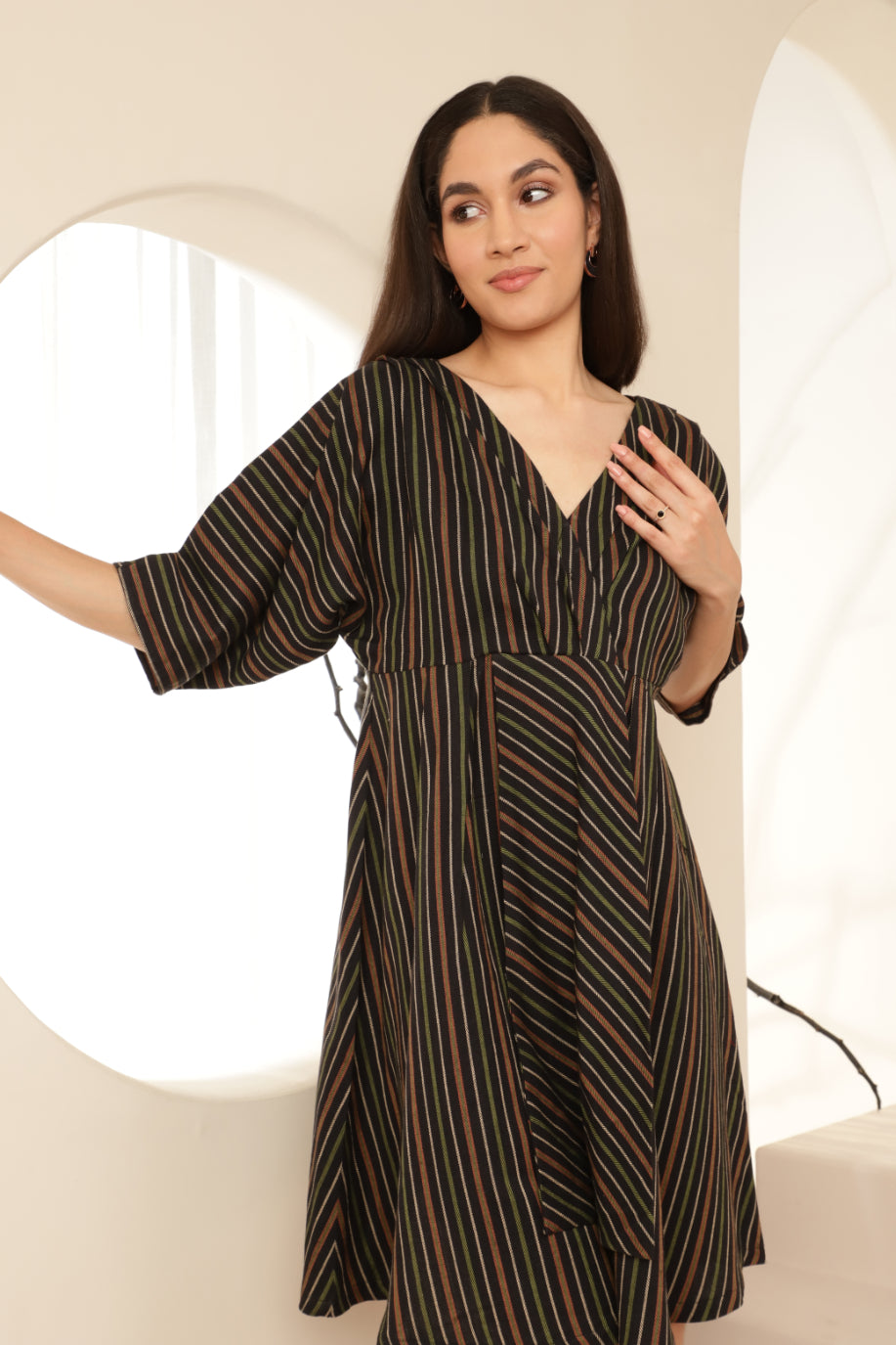 Bat Sleeve Overlap Look Black Striped Dress