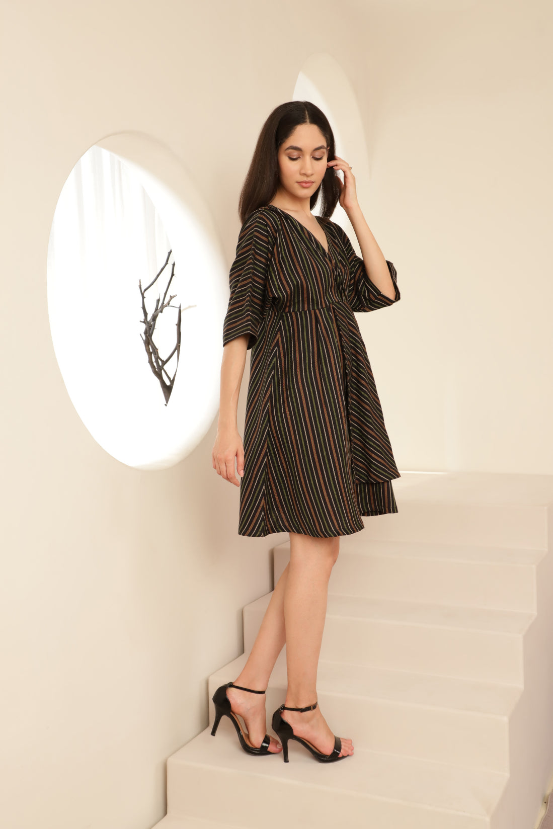 Bat Sleeve Overlap Look Black Striped Dress