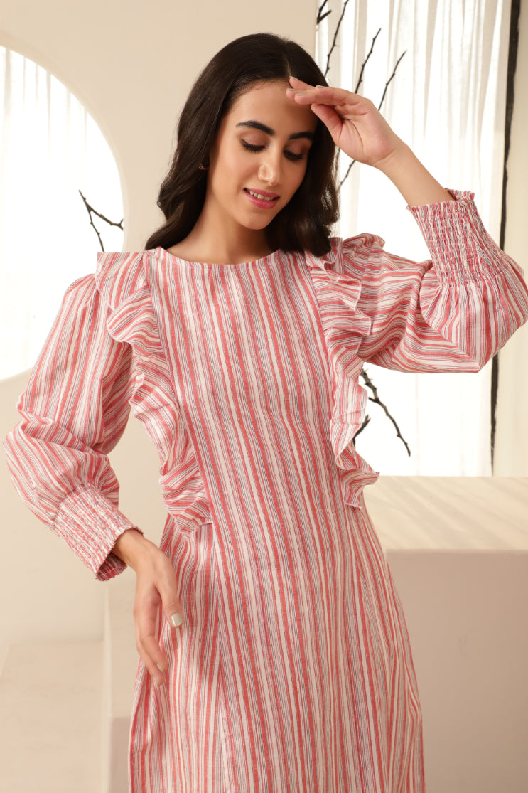 Red Striped Ruffle Detail Body Fit Dress