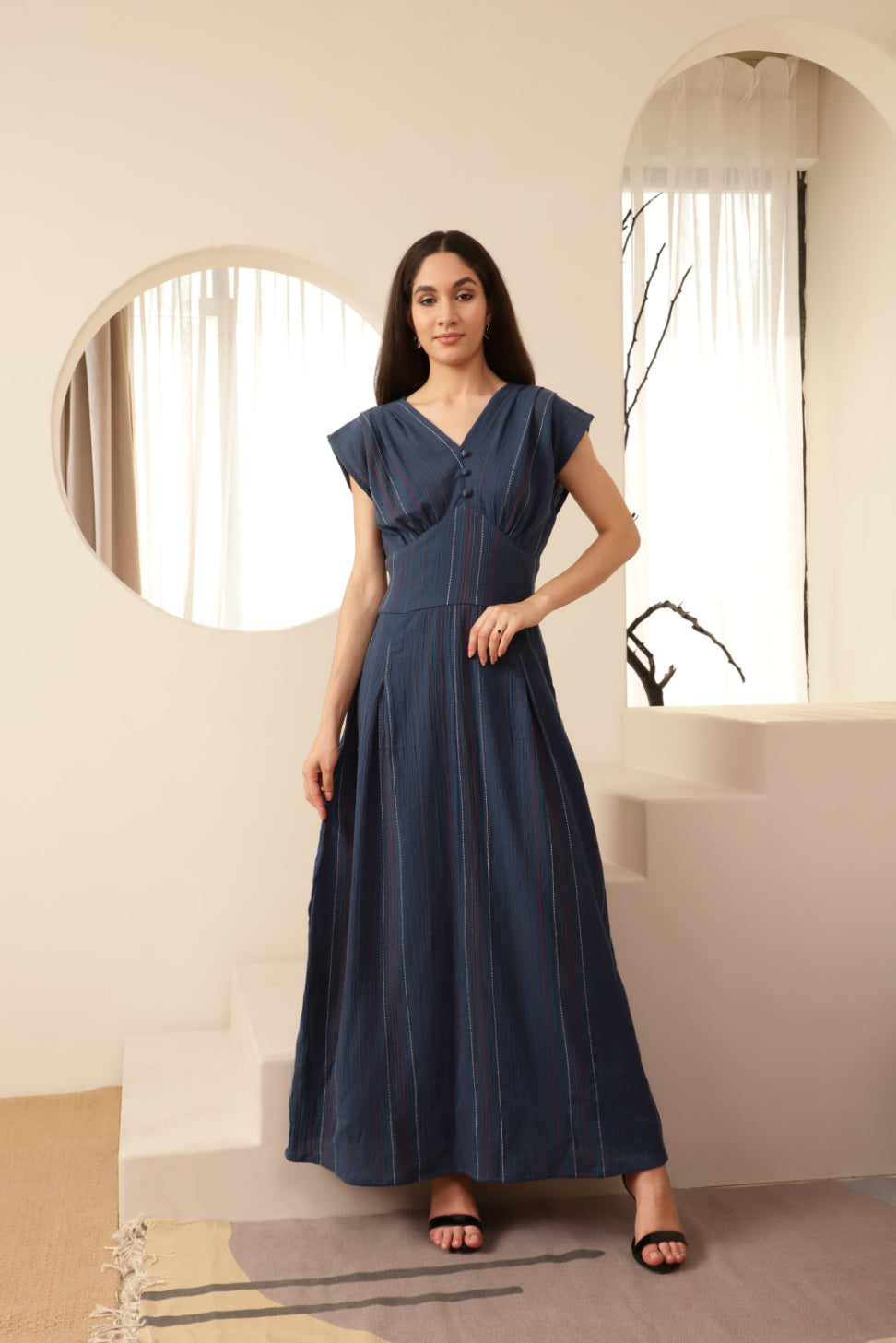 Navy Blue Button Detailed Striped Long Dress