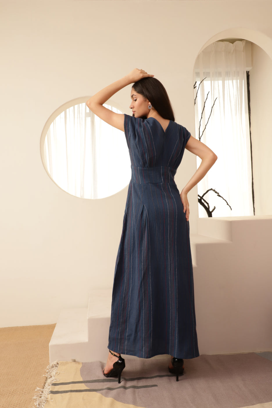 Navy Blue Button Detailed Striped Long Dress